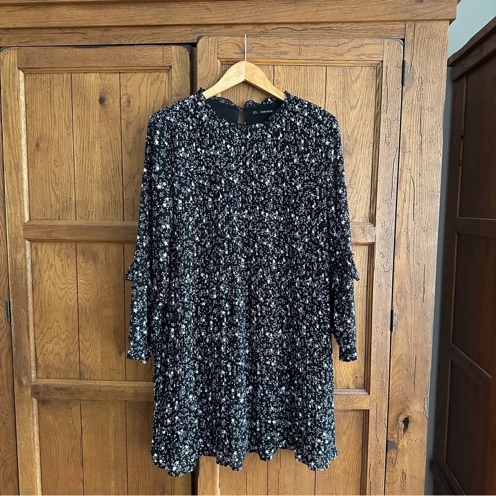 Zara Floral Black and White Long Sleeve Dress